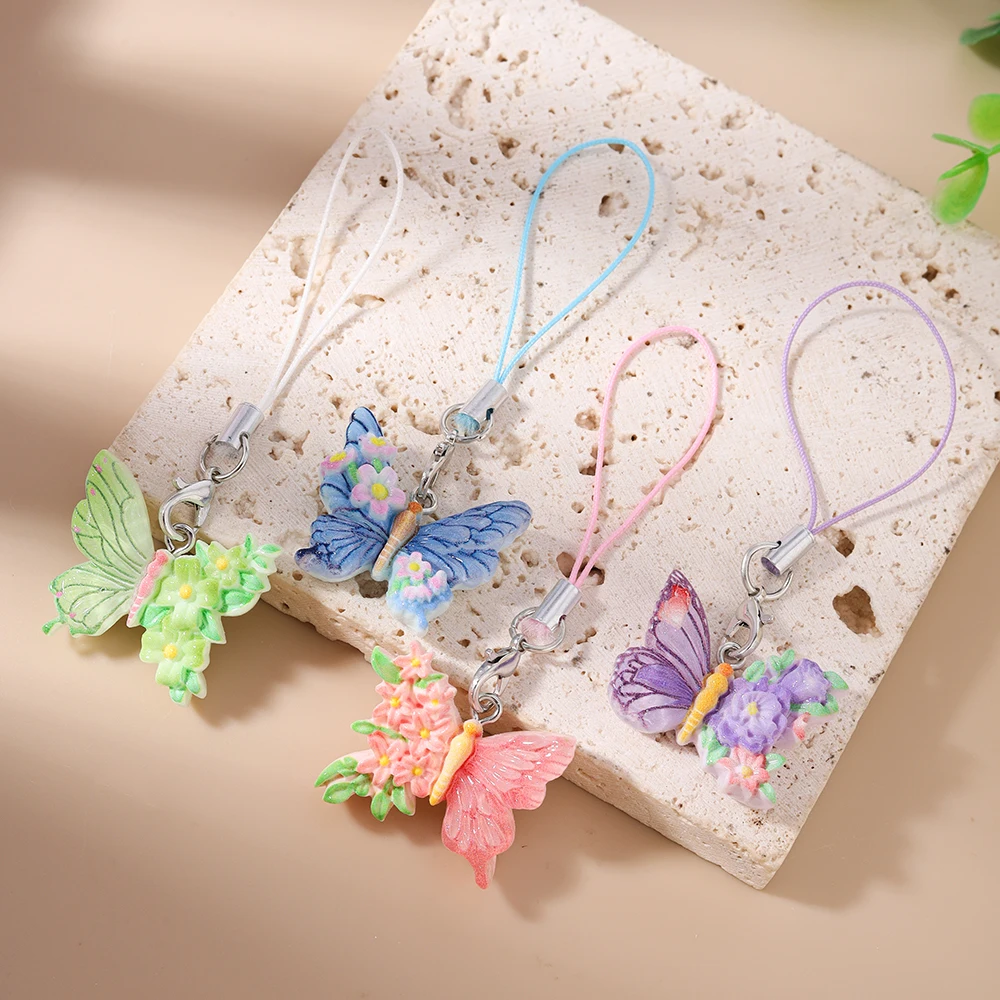 Aihua 4 teile/satz Süße Schöne Bunte Schmetterling Telefon Kette Hängen Telefon Gurt Handgemachte Mobile Lanyard Schlüsselbund Schmuck Geschenke – Detail 3