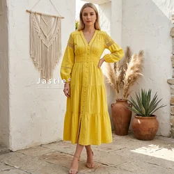 Jastie Embroidered Women Maxi Dress V-Neck Long Sleeve Casual Spring Summer Dresses Hollow Waist Boho Beach Vestidos