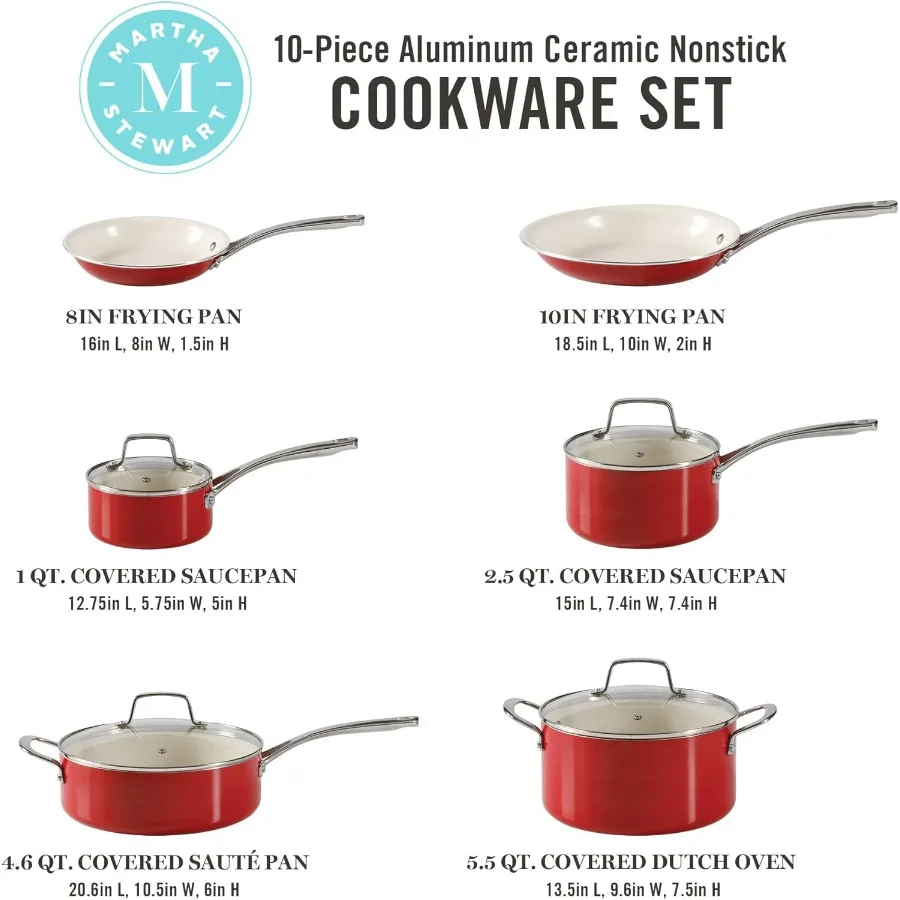 مجموعة أواني ومقالي من الألومنيوم ذات المقياس الثقيل من Lockton Premium غير لاصقة من مادة PFA خالية من السيراميك مكونة من 10 قطع - أحمر #2