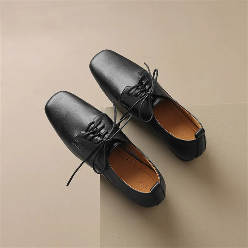 New Split Leather Loafers Spring/Autumn Square Toe Chunky Heel Lace Women Pumps Shoes for Women Ladies Shoes Comfort Low Heels