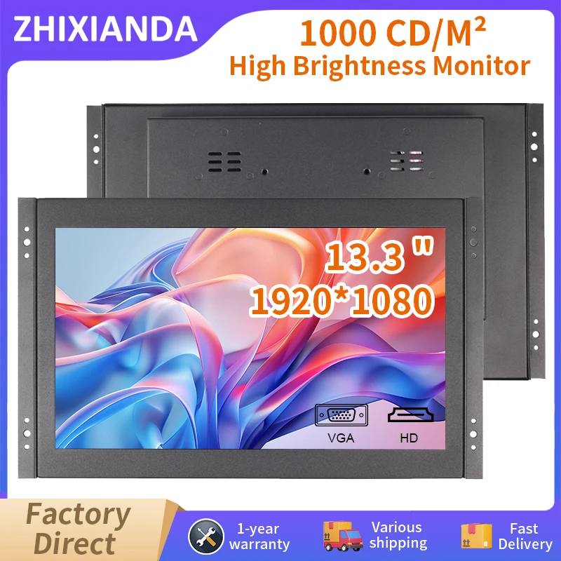 

Sunligh Readable 1000 Nits 13.3 Inch 1920*1080 Open Frame Monitor Resistive/Capacitive Touch Screen Industrial Display With VGA