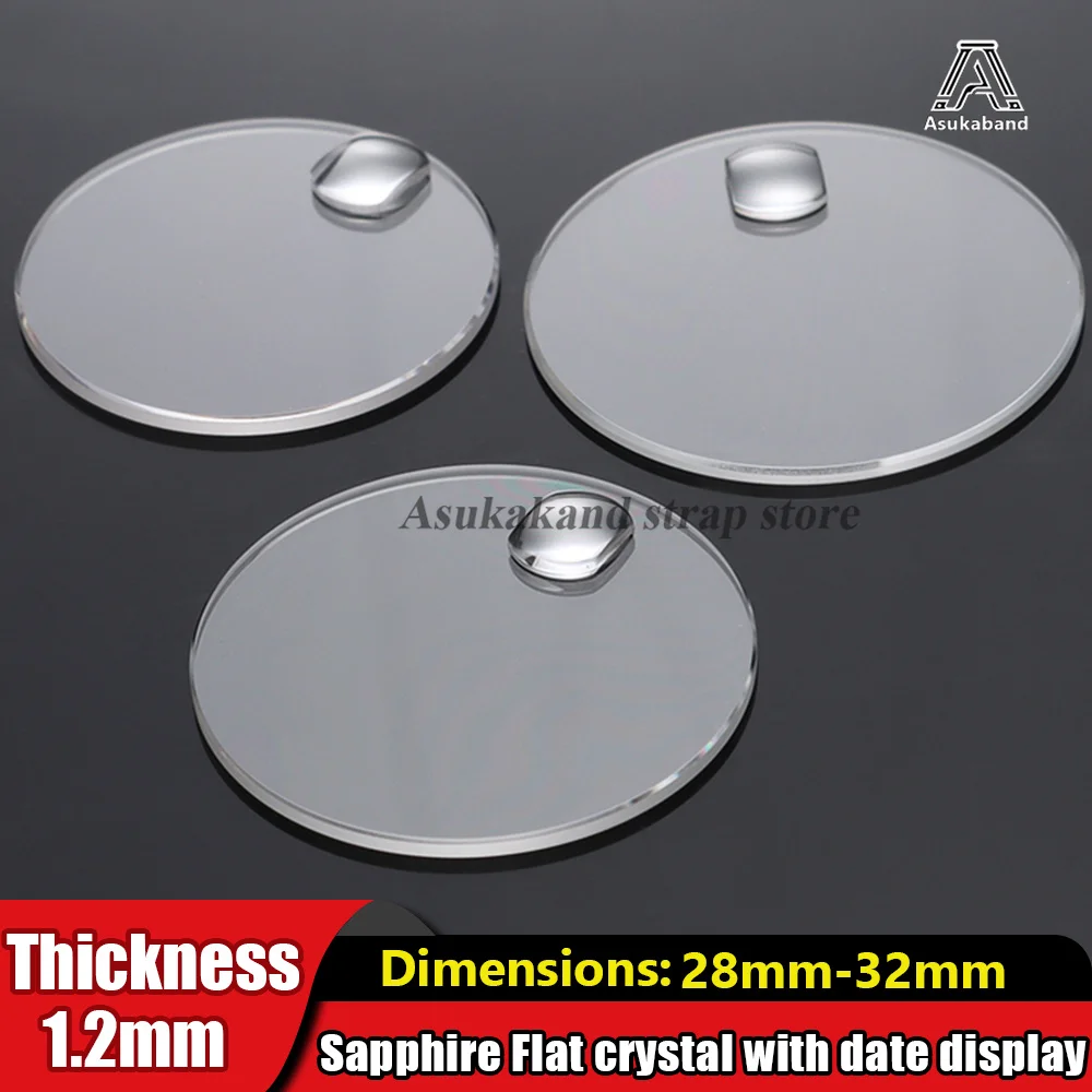 28mm-32mm 1,2mm dickes flaches Saphirglas mit Datumsfenster und Lupe, rundes Uhrenglas, Zubehör