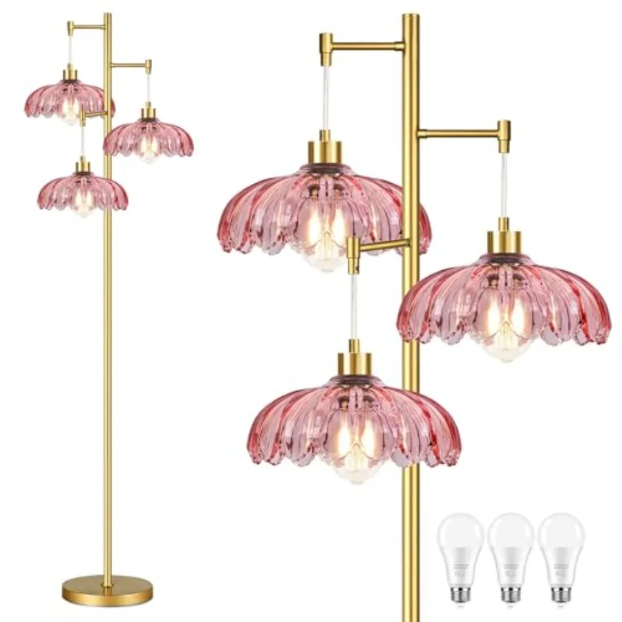 

Vintage Floor Lamps for Living Room Bedroom-3 Light Glass Floor Lamp with Three Led Bulb, Tall Flower Floor Lamp Gold Mid Centu