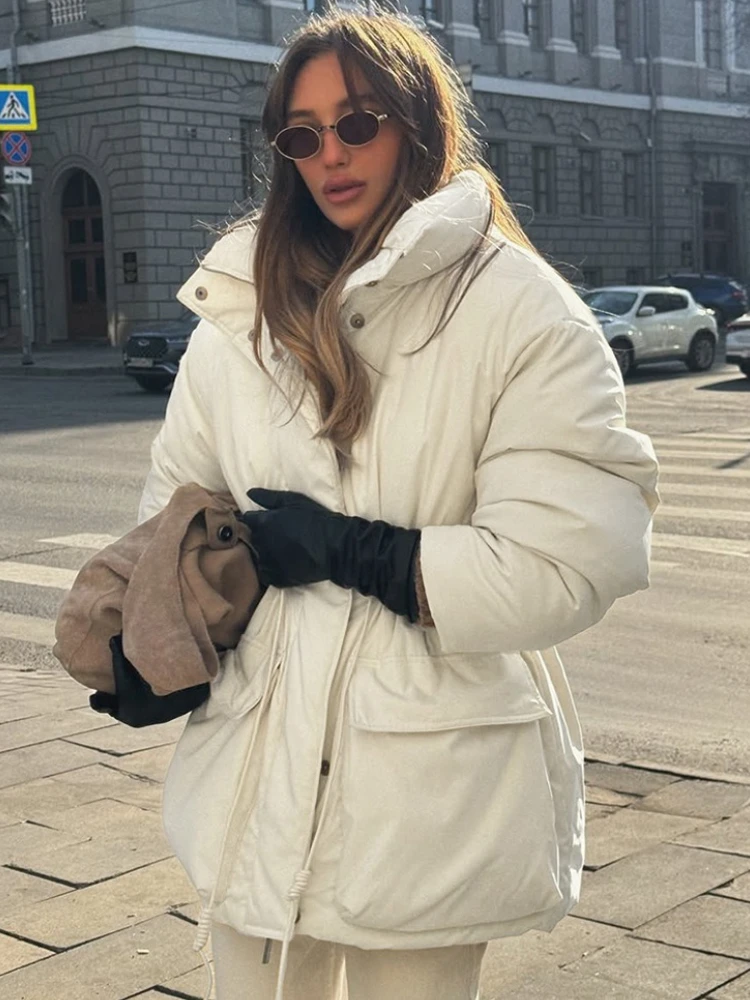 

Tossy Leisure Women's Drawstring Waist Cotton Jacket Warm And Flattering Solid Pocket Stand-Up Collar Long Sleeves Cotton Jacket