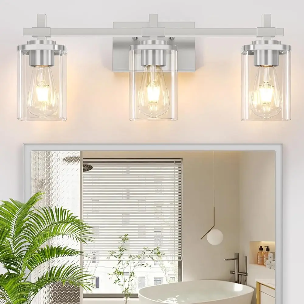 

Brushed Nickel Bathroom Light Fixtures, 3-Lights Bathroom Vanity Light With Glass Shades, Modern Vanity Lights For Mirror, Wall