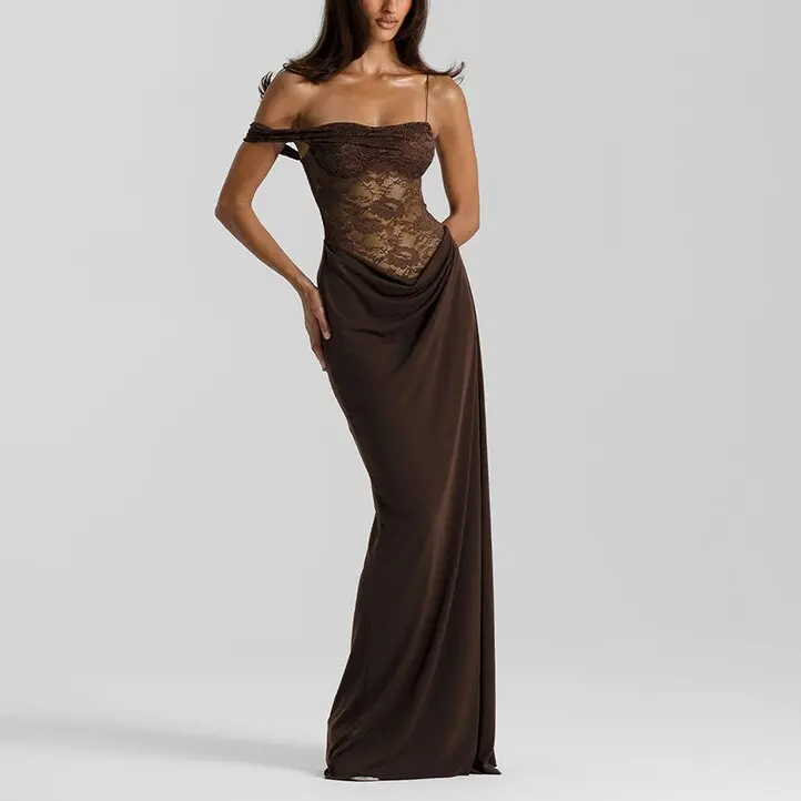 

Irregular Spaghetti Strap Party Dress Women Sexy See Through Lace Patchwork Folds Package Hip Long Dresses Streetwear Hot Girl