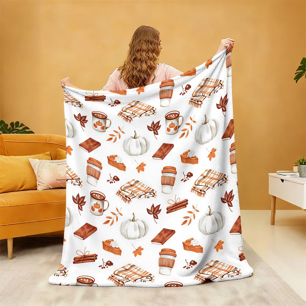 1pc autumn warm brown pumpkin coffee print blanket, flannel blanket, suitable for sofa naps or leisure use