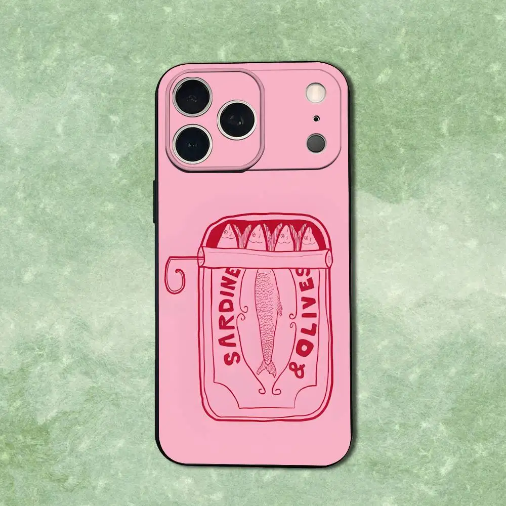 حافظة هاتف معلبة من Food Sardines لهاتف iPhone 14,13,17,12,11,16,15, Plus, Pro Max, XS, X, XR, SE, Mini, غطاء أسود من السيليكون الناعم