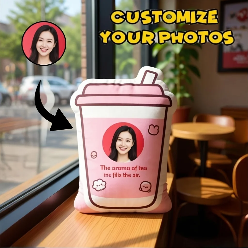 1pc Custom Photo Pillow Personalized Fun Couple Photo Design Pillow - Milk Tea Cup Design Custom Double-Sided Printed Photo, Sof