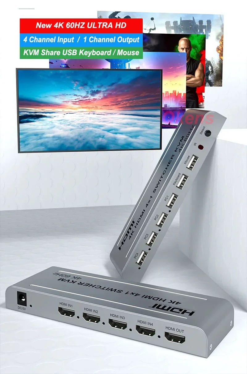 

KVM-переключатель HDMI 4K, 60 Гц, 4x1, 4 в 1, переключатель видео, USB-клавиатура, мышь, Share для камеры, DVD, ноутбука, ПК, компьютера, ТВ-проектора