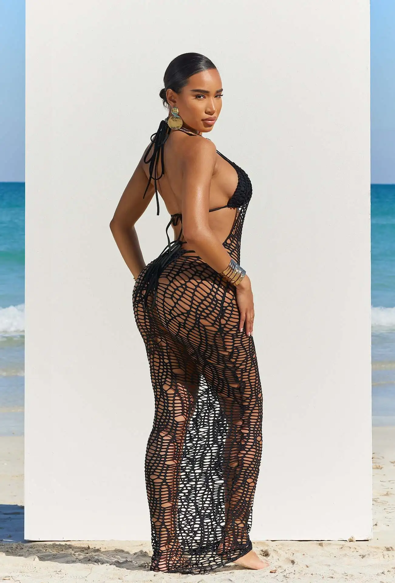 Summer Beach Wear Nets 3 Piece Set Women Sexy See Through Bikini + Lace Up Backless Long Cover Dresses Robe Club Outfits 2024