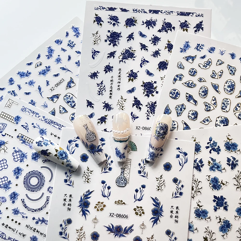 1 stks 3D Blauw Wit Porselein Chinese Stijl Nail Sticker Zelfklevende Blauwe vaas/raam bloem/pioen patroon Nail decals decor # 7@