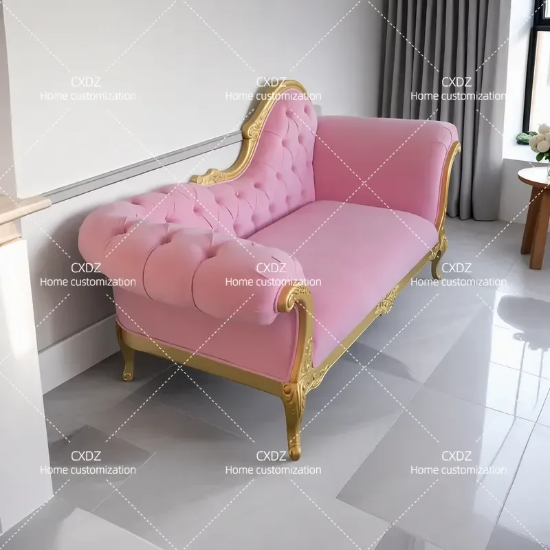 French Retro Carved Fabric Solid Wood Chair Living Room Bedroom Leisure Recliner Villa Wedding Room Beauty Salon Couch
