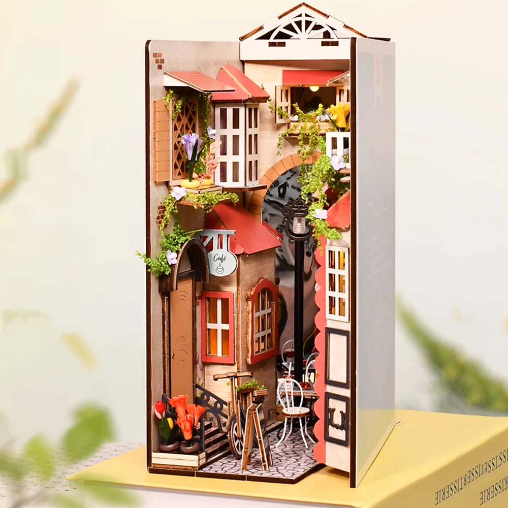 DIY 木製ブックヌックシェルフパリシティストリートビューブックエンドミニチュアモデルキットライト付き本棚友人の誕生日プレゼント