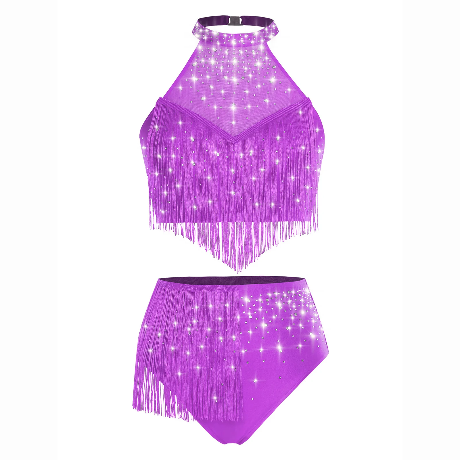 สตรี Belly Dance ชุด Halter Sheer Mesh Crop Tops และพู่ชุดชั้นในกางเกงขาสั้นสําหรับ Salsa Samba ปาร์ตี้เต้นรํา