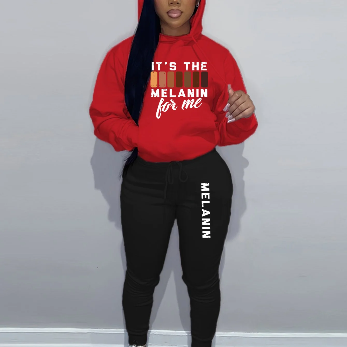 Women's autumn and winter fashion casual MELANIN pattern print with plush warm and thick pullover hoodie+sports pants set