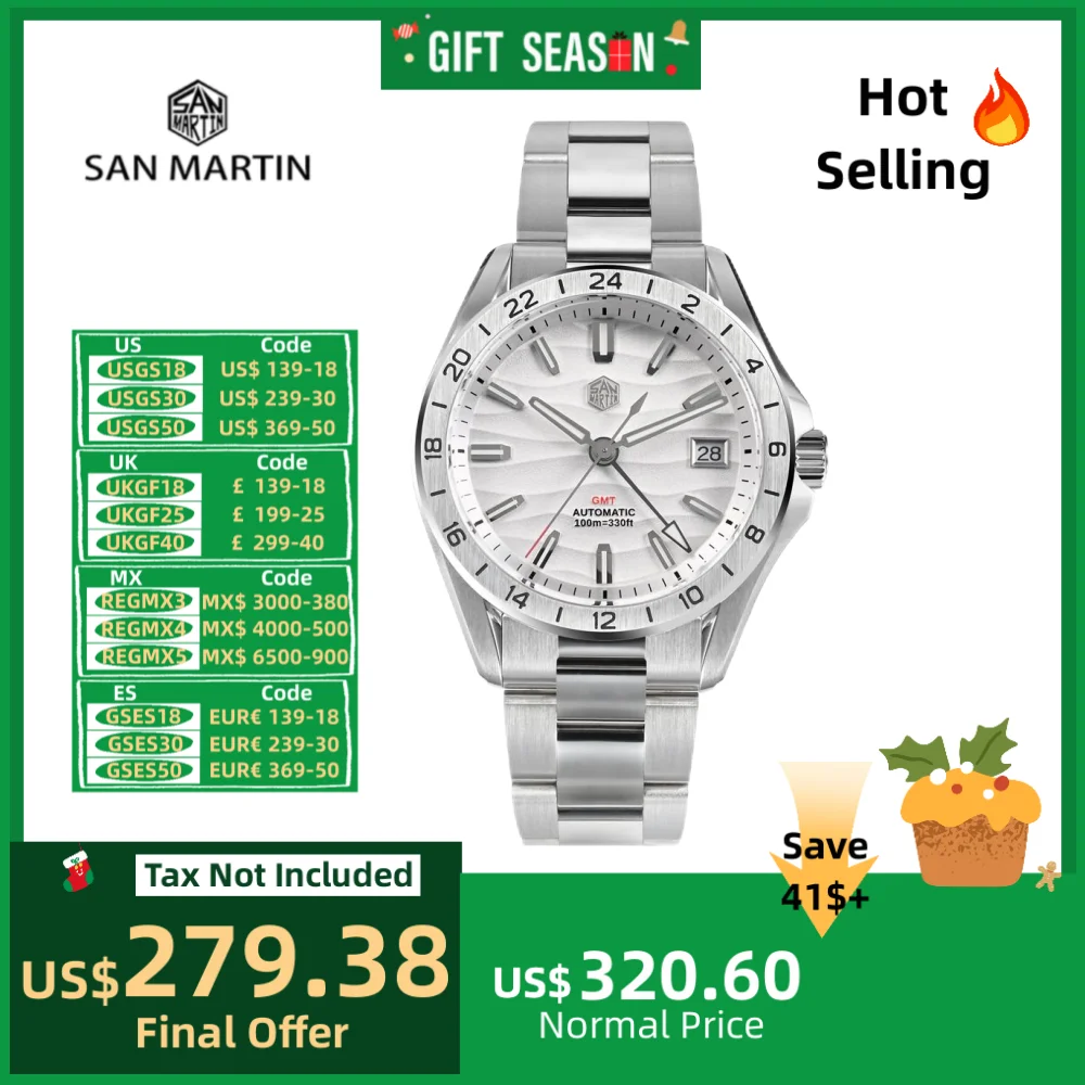 San martin 39mm gmt vestido relógio nh34 automático luxo deserto dune dial ar revestido safira 100m à prova dwaterproof água luminosa часы SN0129-2