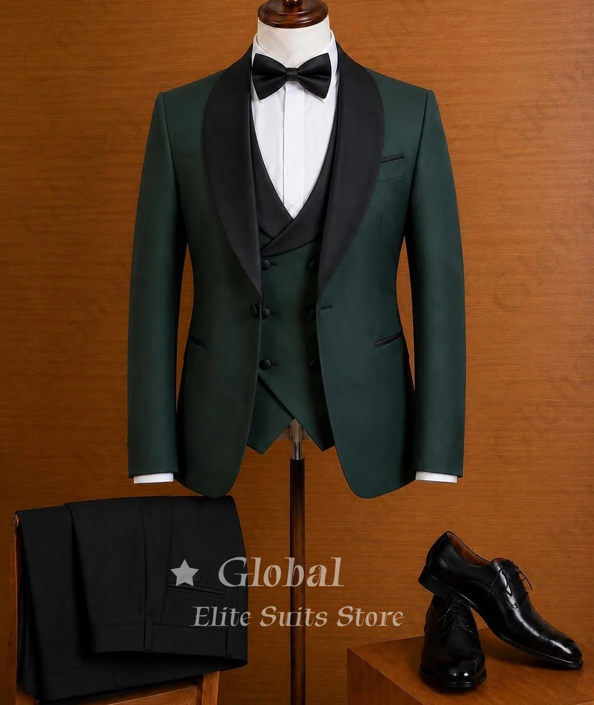 Luxury Forest Green 3 Piece Shawl Collar Mens Formal Suit Glossy Party Wedding Guest Tailored Fit Waistcoat Pants Customized