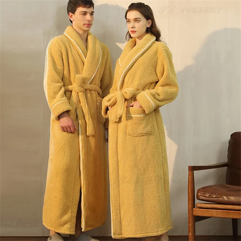 Autumn Winter Couple Sleepwear Thicken Coral Fleece Long Robe Warm Female Home Clothes Bathrobe Gown Loose Flannel Lounge Wear