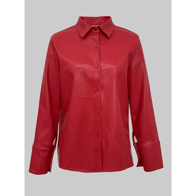 Women's Faux Leather Button Down Shirt - Elegant Red Long Sleeve Blouse with Gold Buttons for Office & Party for 2026 Spring view 2