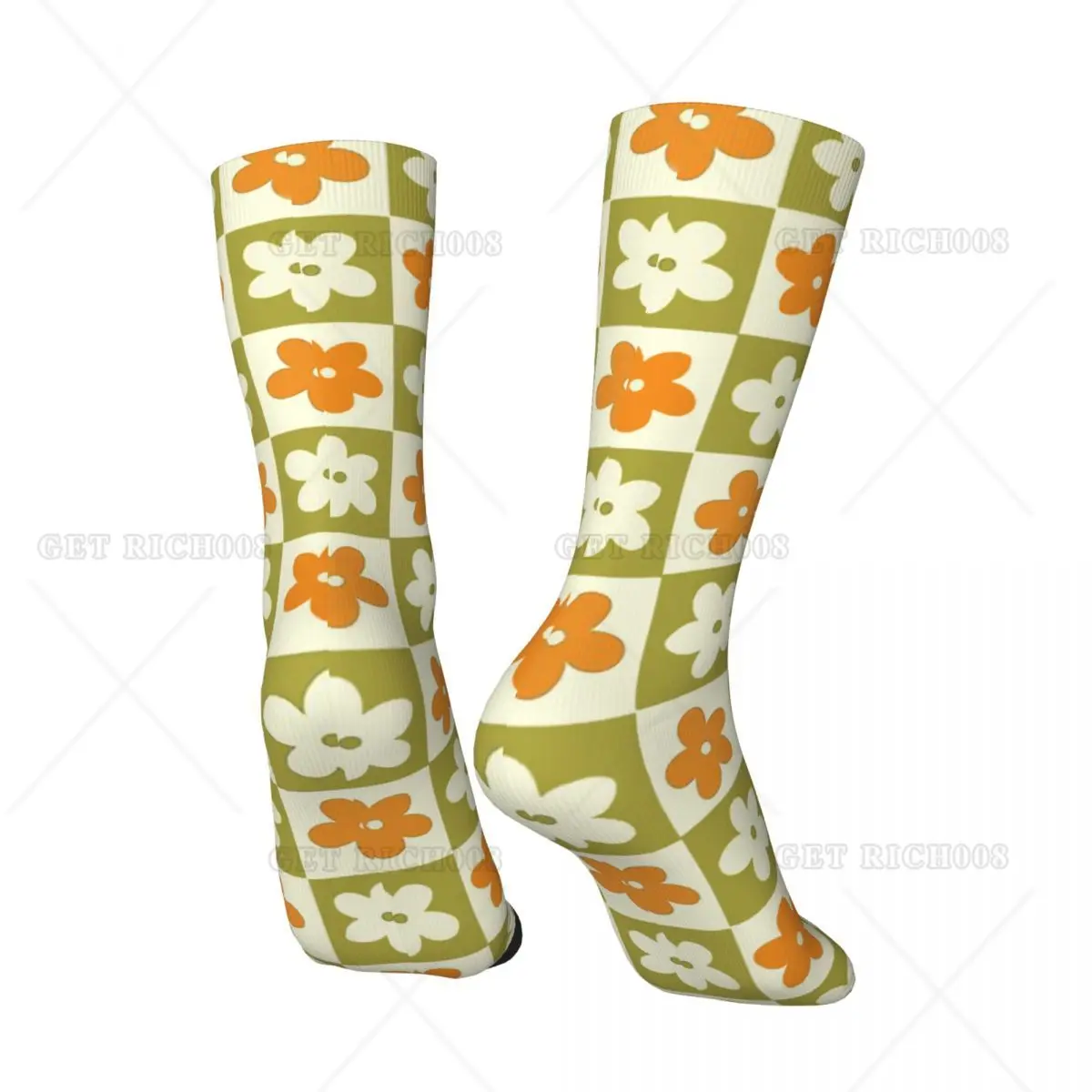 Men's Socks Green Orange Checkered Squares with Flowers Vintage Harajuku Geometric Patterns Hip Hop Crew Crazy Sock