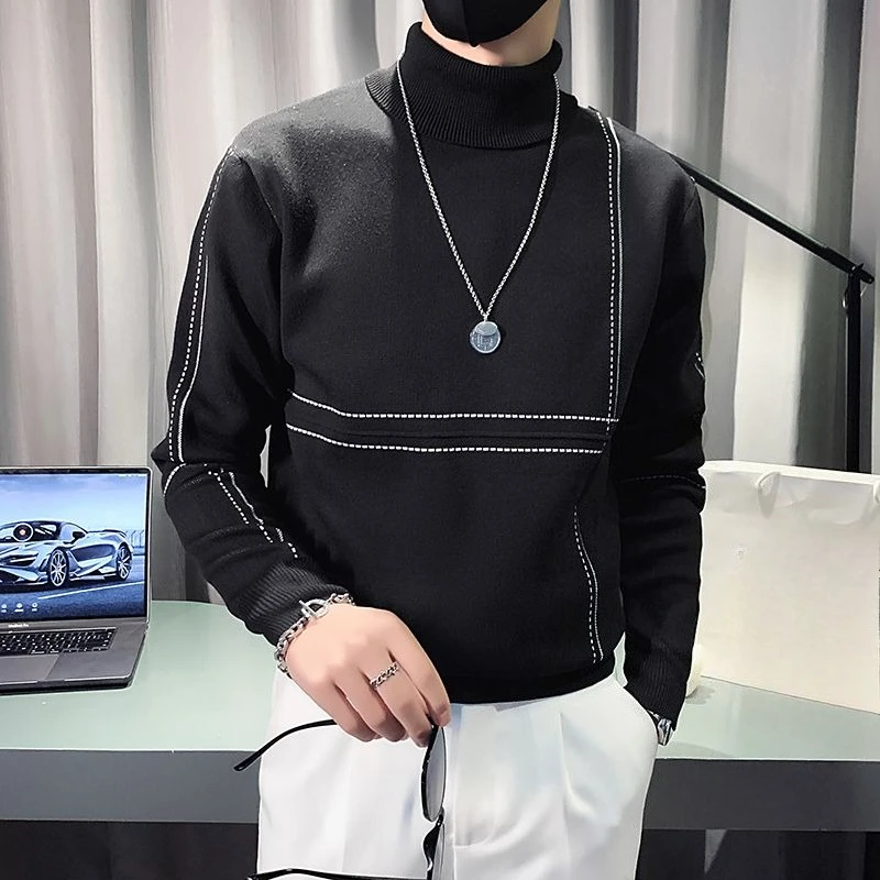 Maglione lavorato a maglia ispessito slim fit invernale da uomo con collo alto e jacquard, top a collo lungo tinta unita per giovani uomini