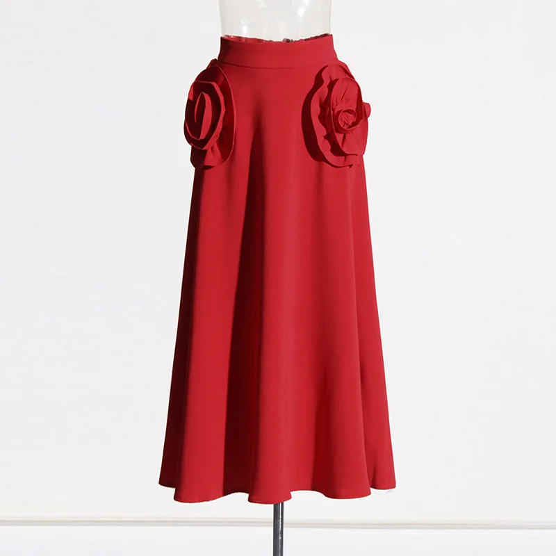 

SuperAen Vintage Style A-Line Skirt Spring 2024 Fashion Rose Red Long Skirt