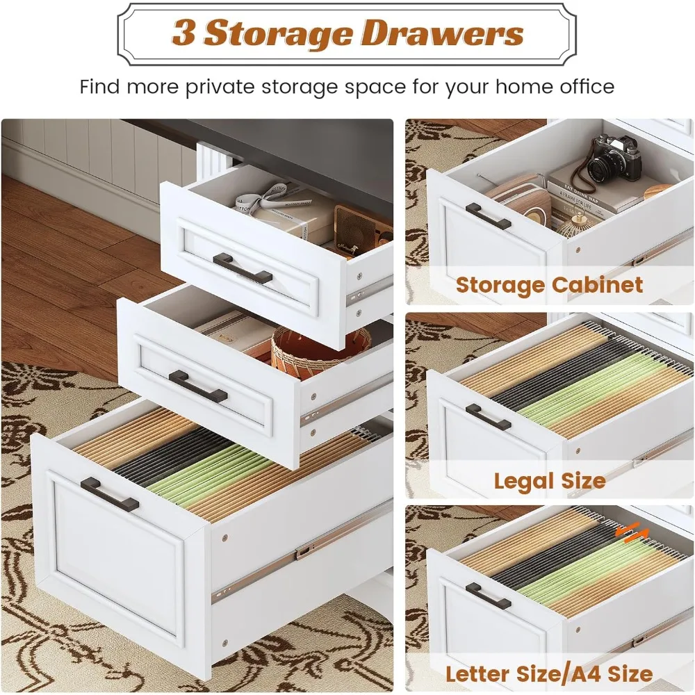 مكتب مكتب مع 3 أدراج، مكتب كمبيوتر تنفيذي مقاس 55 بوصة مع أدراج تخزين، مكتب مزرعة مع مخرج طاقة للمكتب المنزلي #4