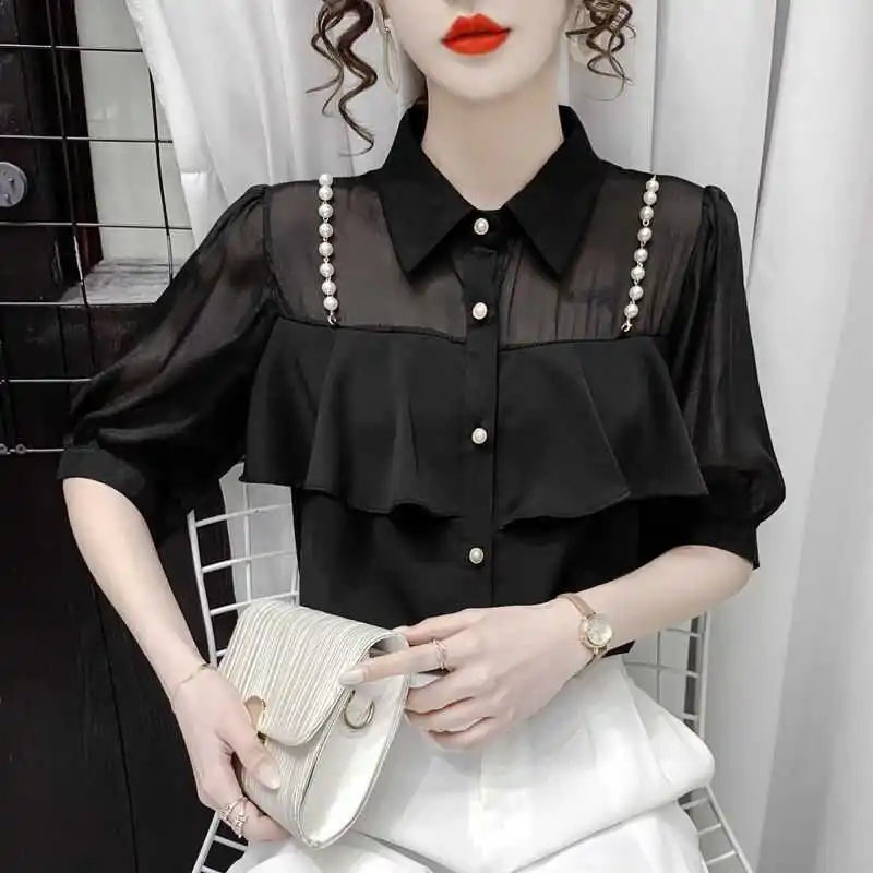 

Эффект похудения ort Sve Chiffon irt Корейский Sle Design Sense Женская мода Лето 2024, модный воротник-пузырь...