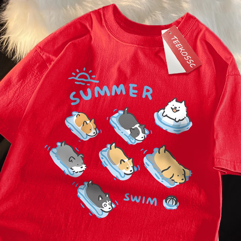 Fun Cat And Dog Swimming Japanese Style T-Shirt Female Casual Loose T-Shirts Summer Cotton Tops Fashion Breathable Tee Clothing image 2