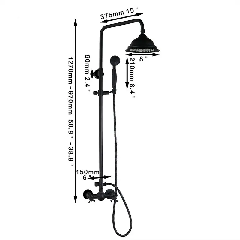 JIENI 8 Inch Rain Shower Head Black ORB Valve Hand Spray Hose Bathtub Basin Sink Shower Set Torneira Tap Mixer Faucet