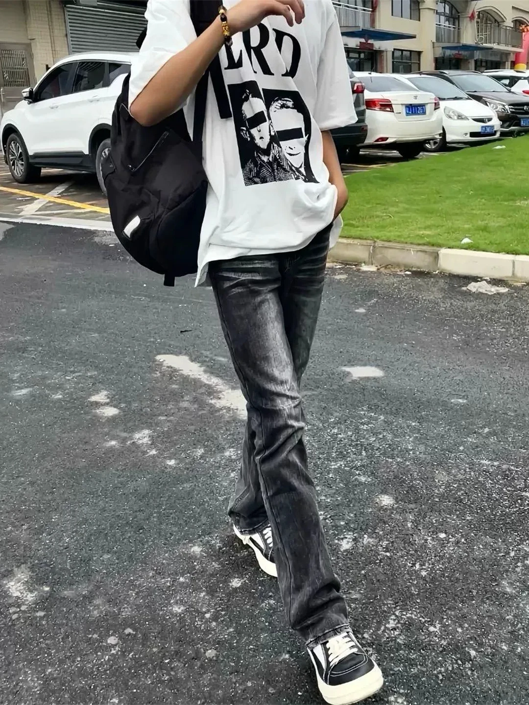 Washed Black Slim Fit Jeans Men's Cleanfit Bell Bottoms Vintage Style Straight Leg Jeans Youthful Trend Autumn Wear