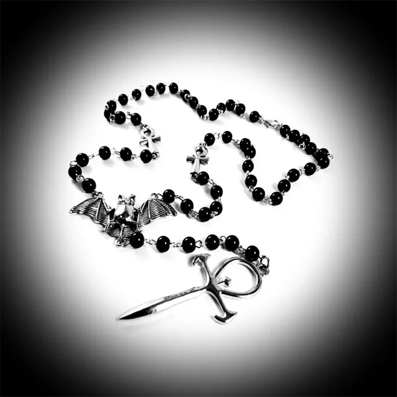 Gothic Rosary Vampire Bat & Ankh Pendants Black Beads Long Necklace 2022 Trendy women Luxury Jewelry