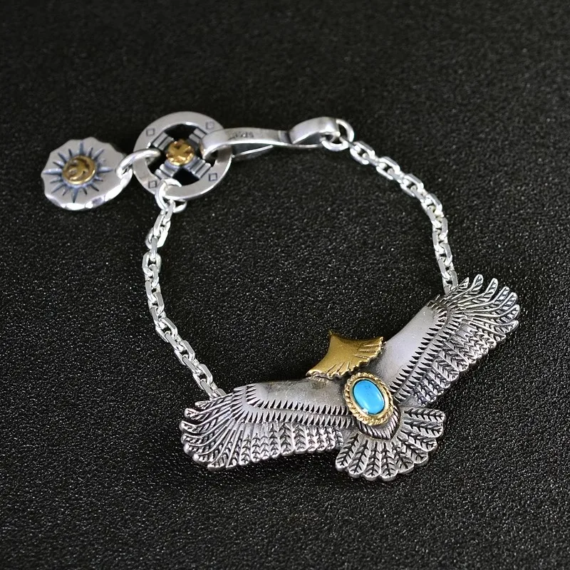 HX Silver Color New Handmade Design Vintage Turquoise Dominant Fashion Eagle Bracelet Men\'s Personalized Jewelry