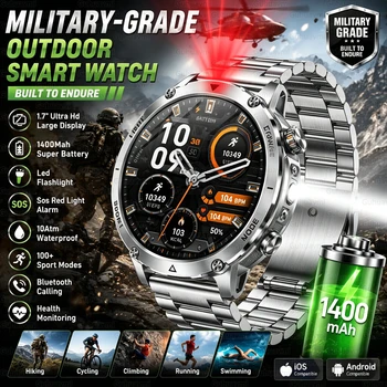 Wojskowy smartwatch TANK z dużą baterią 1400mAh, wodoodporny do 10ATM, wytrzymały, outdoorowy, z alarmem SOS, monitorowaniem tętna i funkcjami fitness, inteligentna bransoletka.