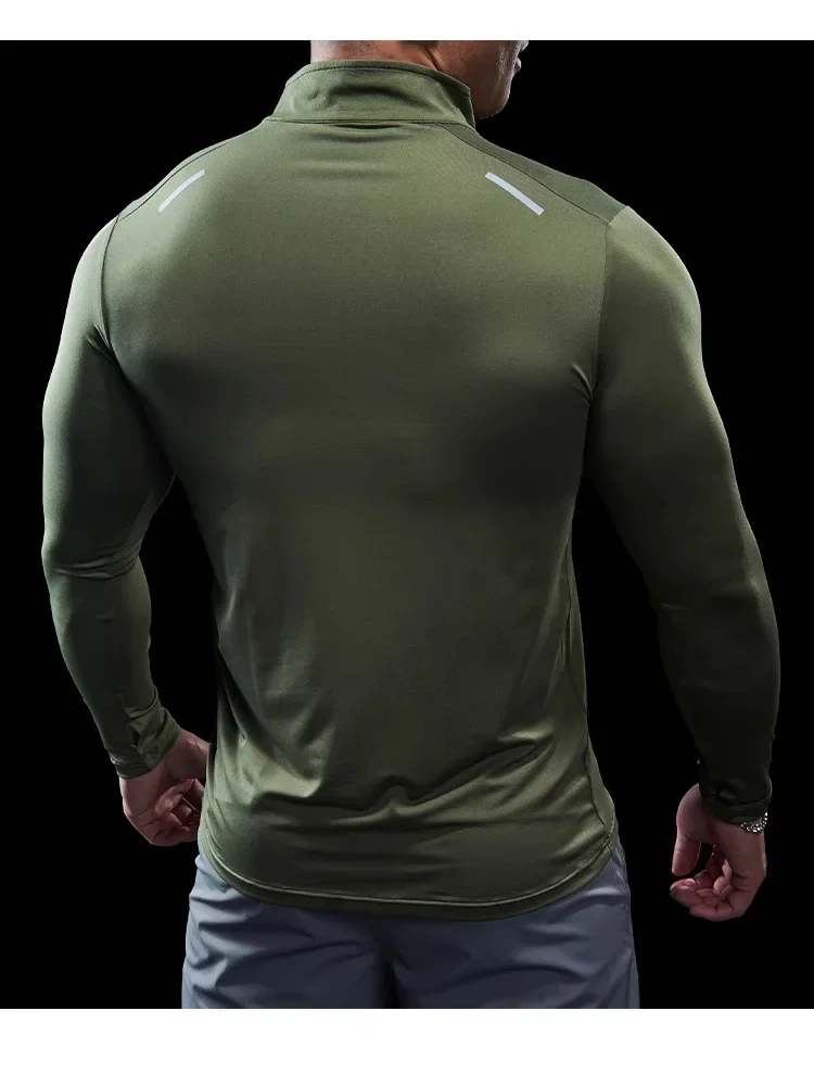 Men Stand Collar Zipper T-shirt Gym Running Training Fitness Bodybuilding Sport Top Quality Elastic Long Sleeve Tight Tops Tees