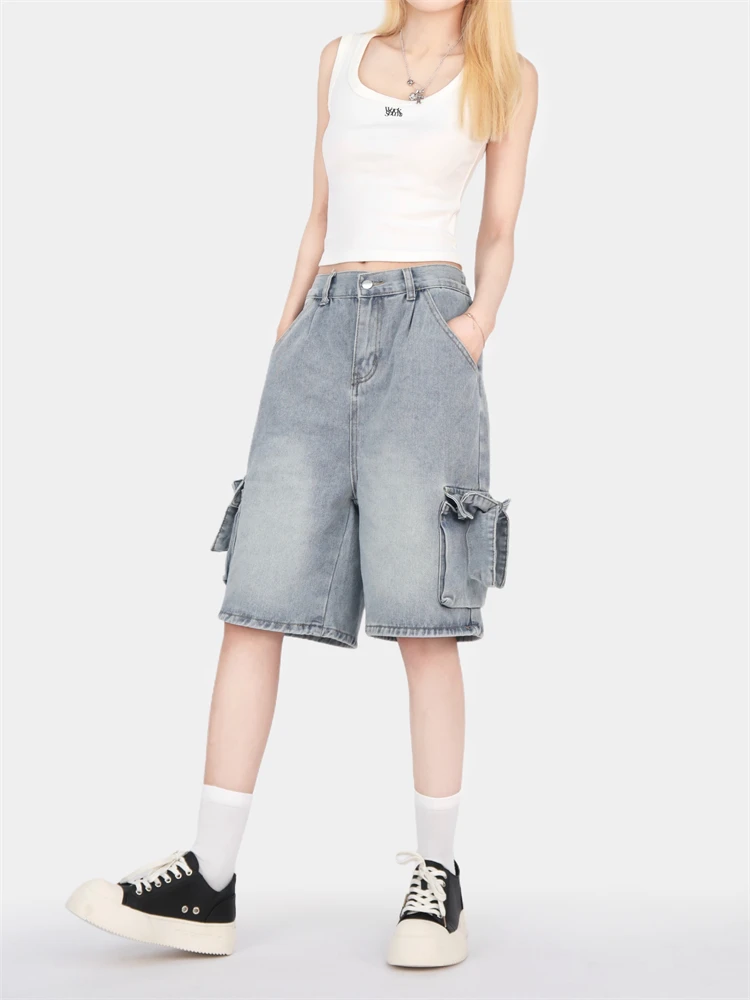

Summer Cool Girl Bow Pocket Design Wide Leg Denim Cropped Trousers Women's Knee Length Jeans Female High Waist Capris Pants
