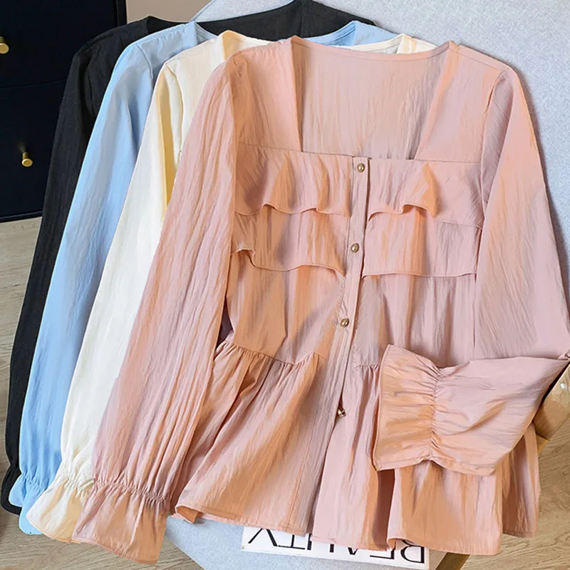 Camisa de talla grande para mujer, ropa Primavera Verano 2025, recién llegados, Tops de manga larga, camisas elegantes con cuello cuadrado y volantes, blusas