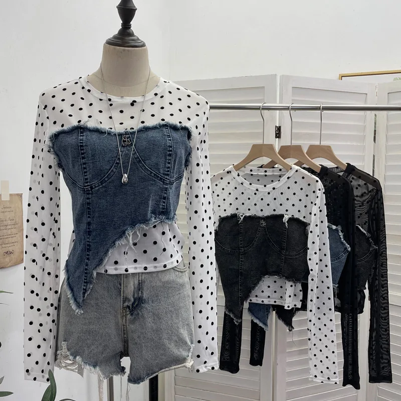 

Autumn New Polka Dot Mesh Splicing Irregular Burr Denim Long-sleeved T-shirt Slim-fitting Top Y2k Vintage Clothes