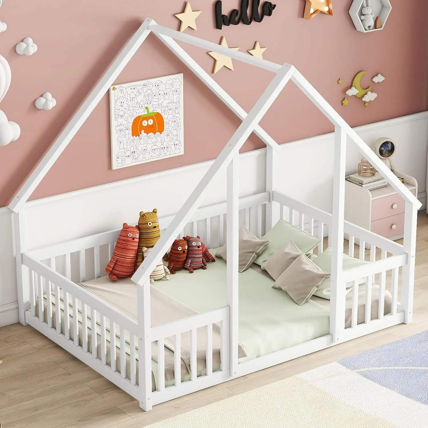 Bellemave Full Floor Bed For Kids, Girls, Boys, Wood House Bed Frame, House Floor For Kids, Full Size Montessori Floor