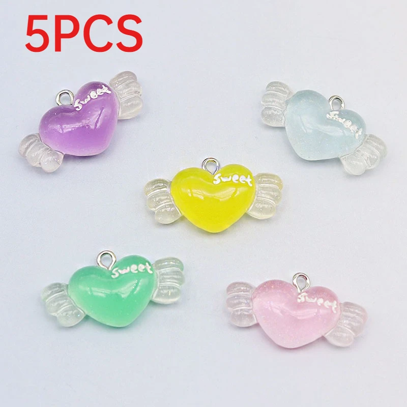 5Pcs Transparent Wing Heart Resin Charms Glow In Dark Cute Love Heart Pendants DIY Keychain Jewelry Accessories