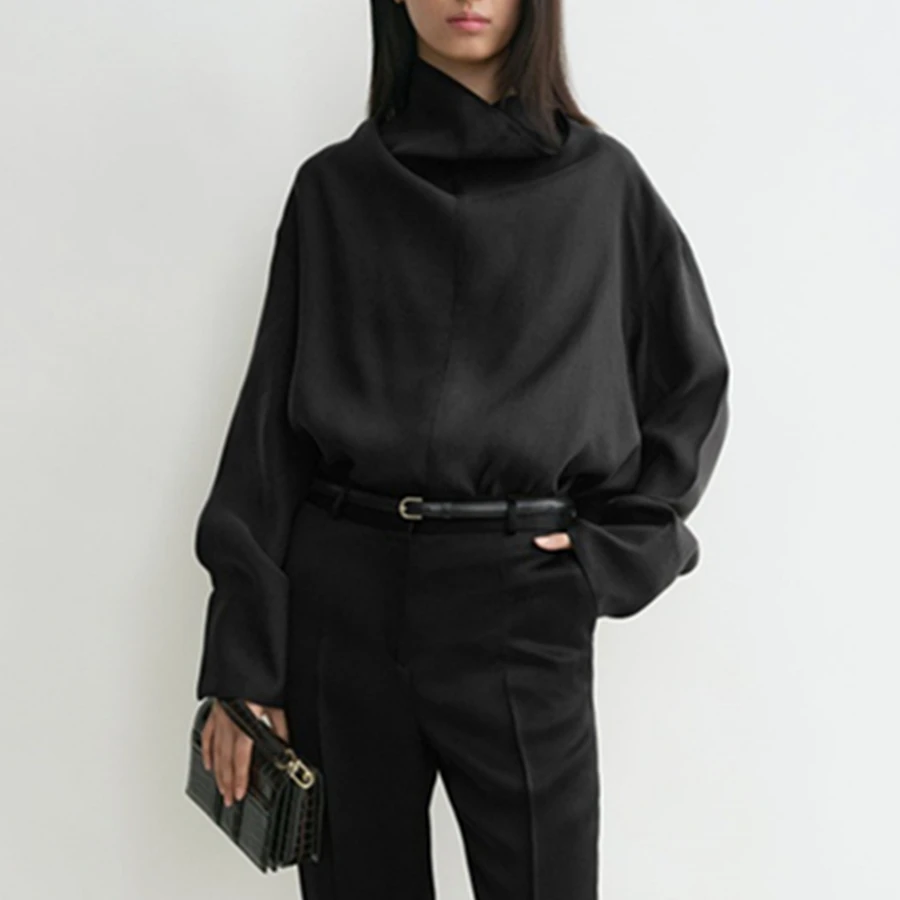 

Maxdutti 65% Lyocell Minimalist Women's Satin Half Turtleneck Women's Blouses And Shirt Woman Clothing Women's Shirt Pullover