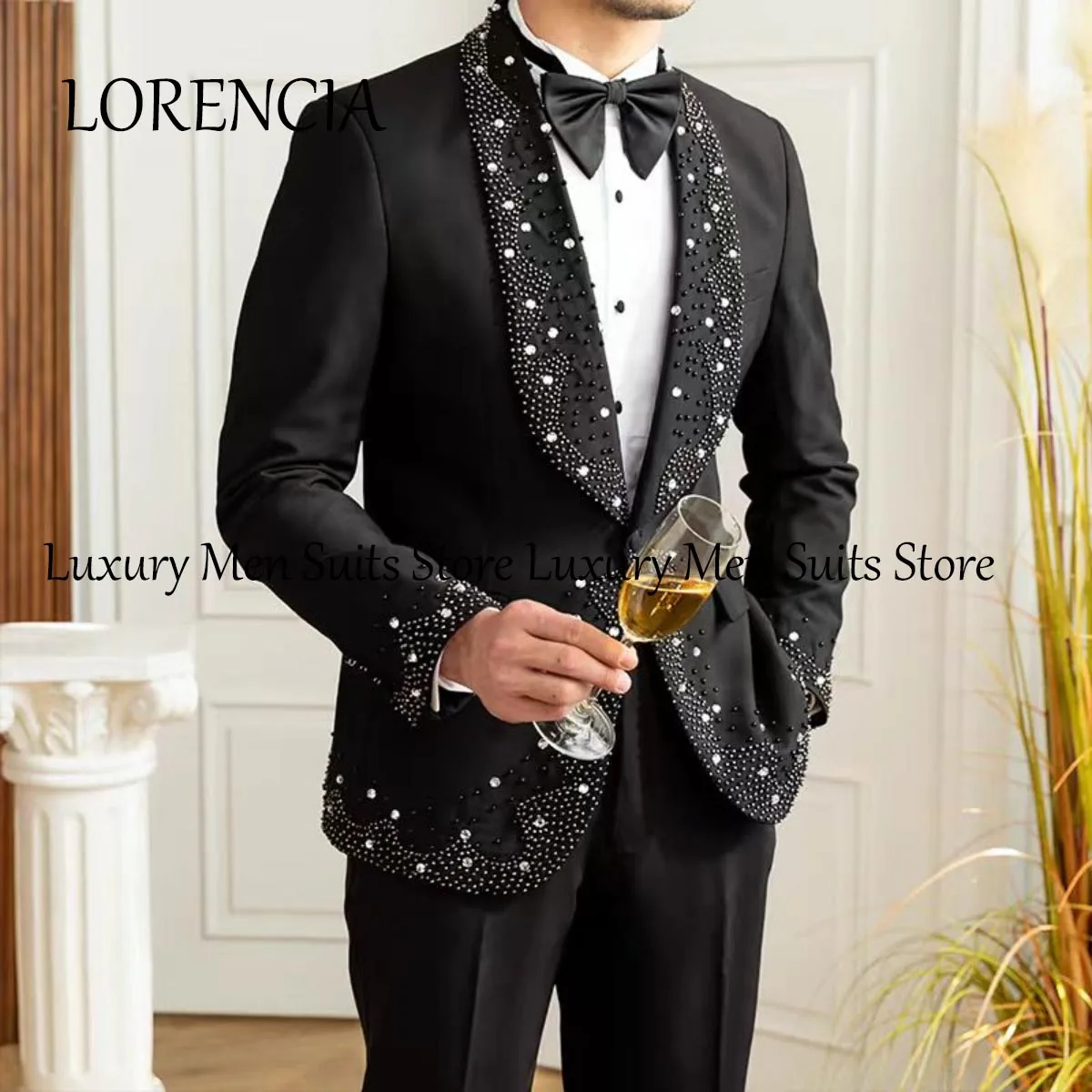 Customized Formal Embroidery Beaded Men Suits Luxury Shawl Lapel Groom Wedding Tuxedos 3 Pieces Sets Prom Blazers Slim Fit