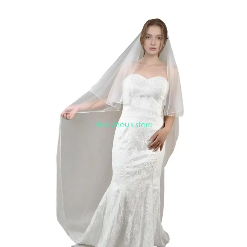 E15E غطاء رأس زفاف من التول خفيف الوزن مع مشط شعر آمن وقابل للتنفس، إكسسوار زفاف طويل باللون الأبيض #3