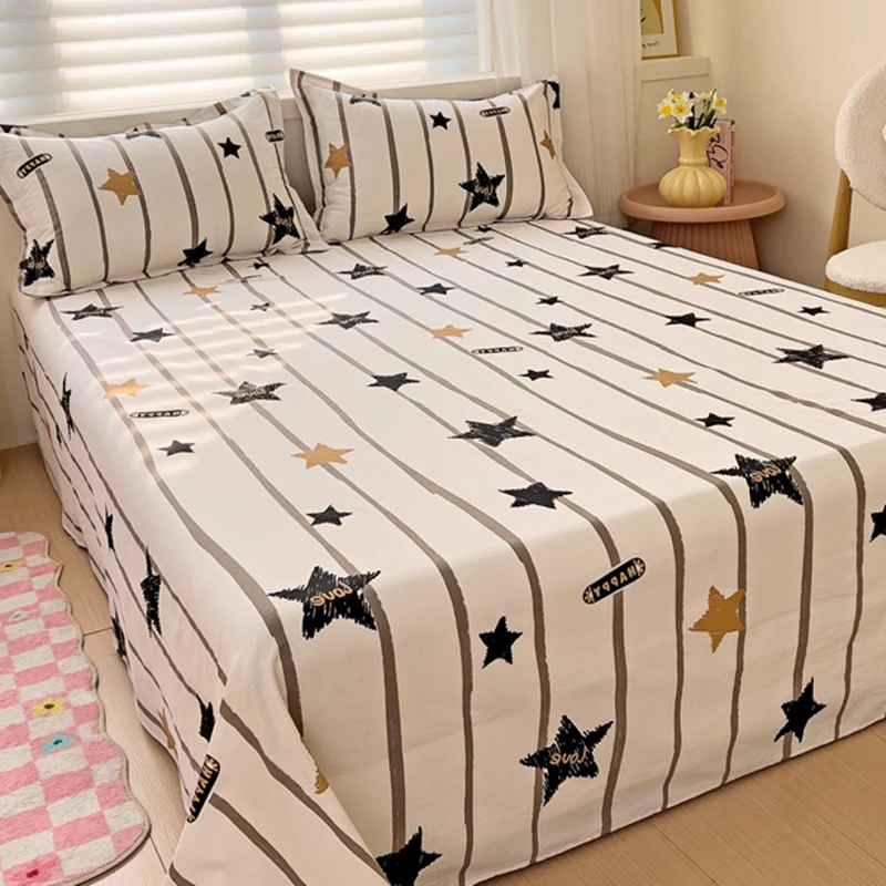 Cute Cartoon Star Flat Sheet Full Queen Size Geometric Stripes Pattern Bed Sheet Set Soft Cotton Bed Cover with 2 Pillow Cases