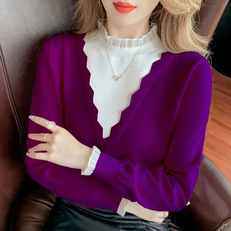 Fashion Spliced Gauze Fake Two Pieces Sweaters Women\'s Clothing 2023 Autumn Winter Loose Korean Pullovers All-match Tops