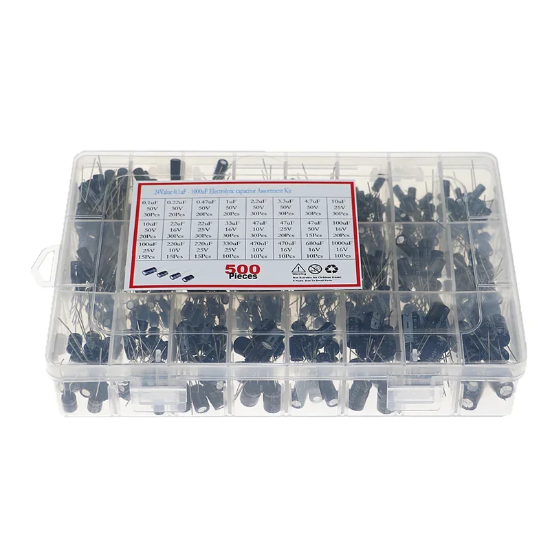 500 個 24 種類 16V-50V 電解コンデンサ 0.1uF-1000uF コンデンサ詰め合わせキット