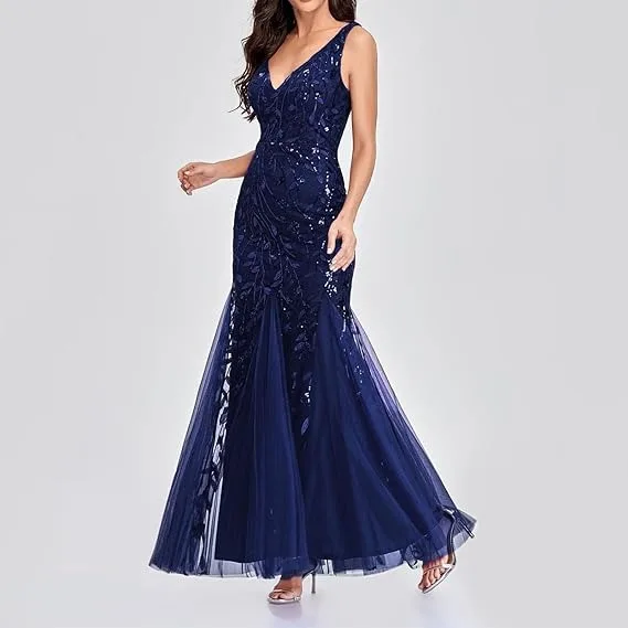 Ladies Fashion Sequined V-neck Celebrity Dress Sleeveless Long Formal Evening Skirt Bridesmaid Dress Coming of Age Ceremony