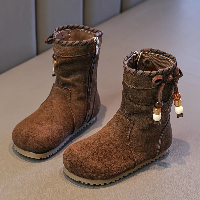 الفتيات أحذية بوت قصيرة الخريف الشتاء جديد الأطفال ميلارد اللون بولي Leather جلد الغزال موضة الدافئة عقدة الخرز أفخم الأحذية حجم 26-36 #6