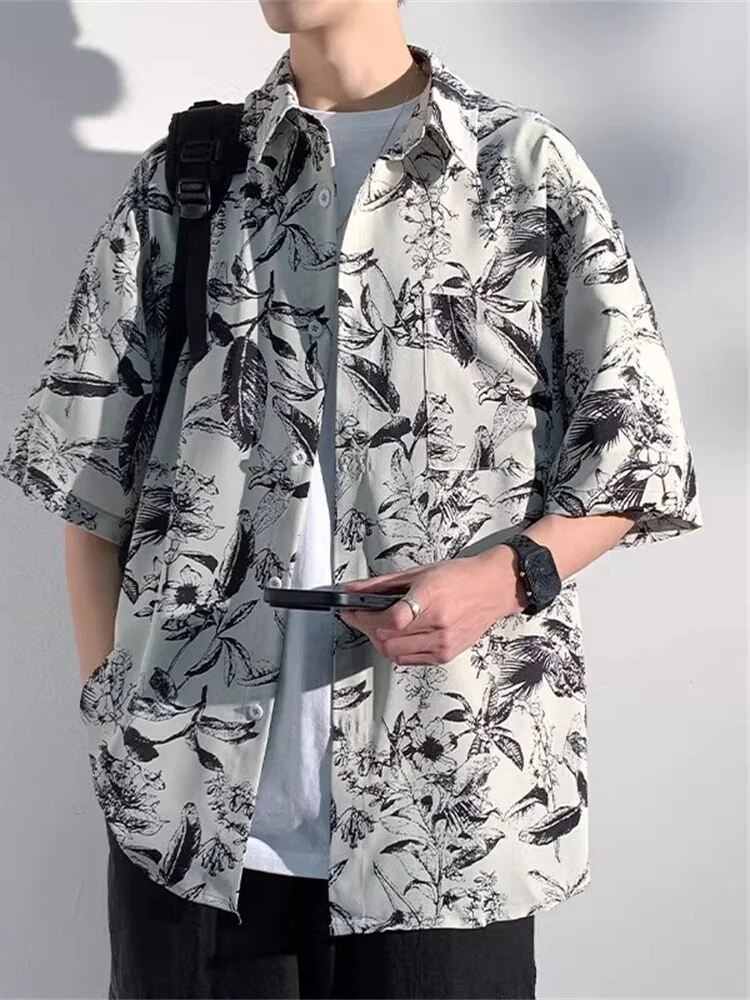 

Мужская летняя пляжная одежда из ледяного шелка, модный бренд, свободный крой, с принтом, повседневный топ, застежка на пять пуговиц, не требует глажки